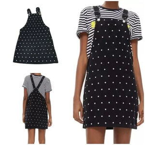Topshop Corduroy Polka Dot Overalls Mini Dress Size 2 Cotton Navy White